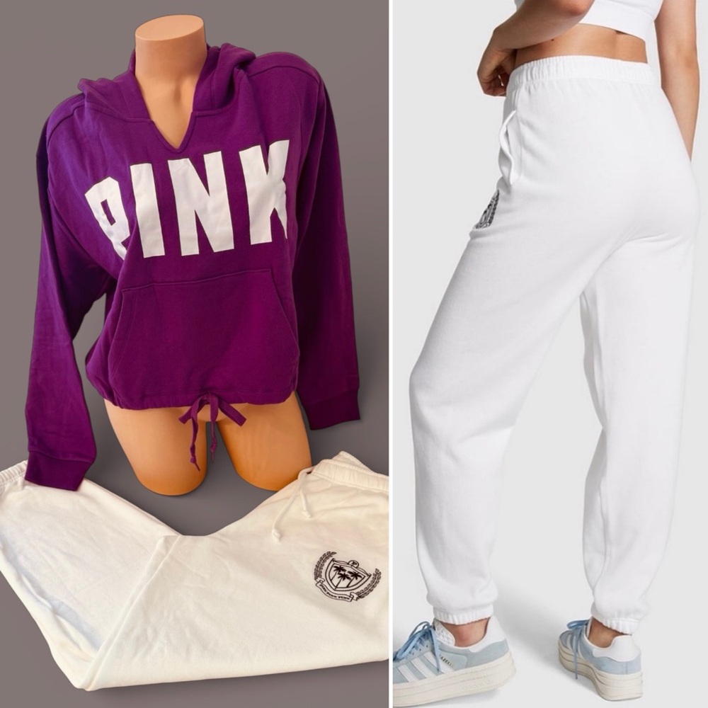 PINK Victoria’s Secret Fleece Cropped Cinched Hoodie & Jogger Sweatpants White M